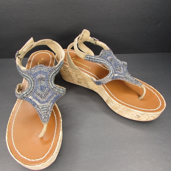 Anthropologie Beaded Cork Platform Wedge Thong Sandals 38 - Picture 1 of 8